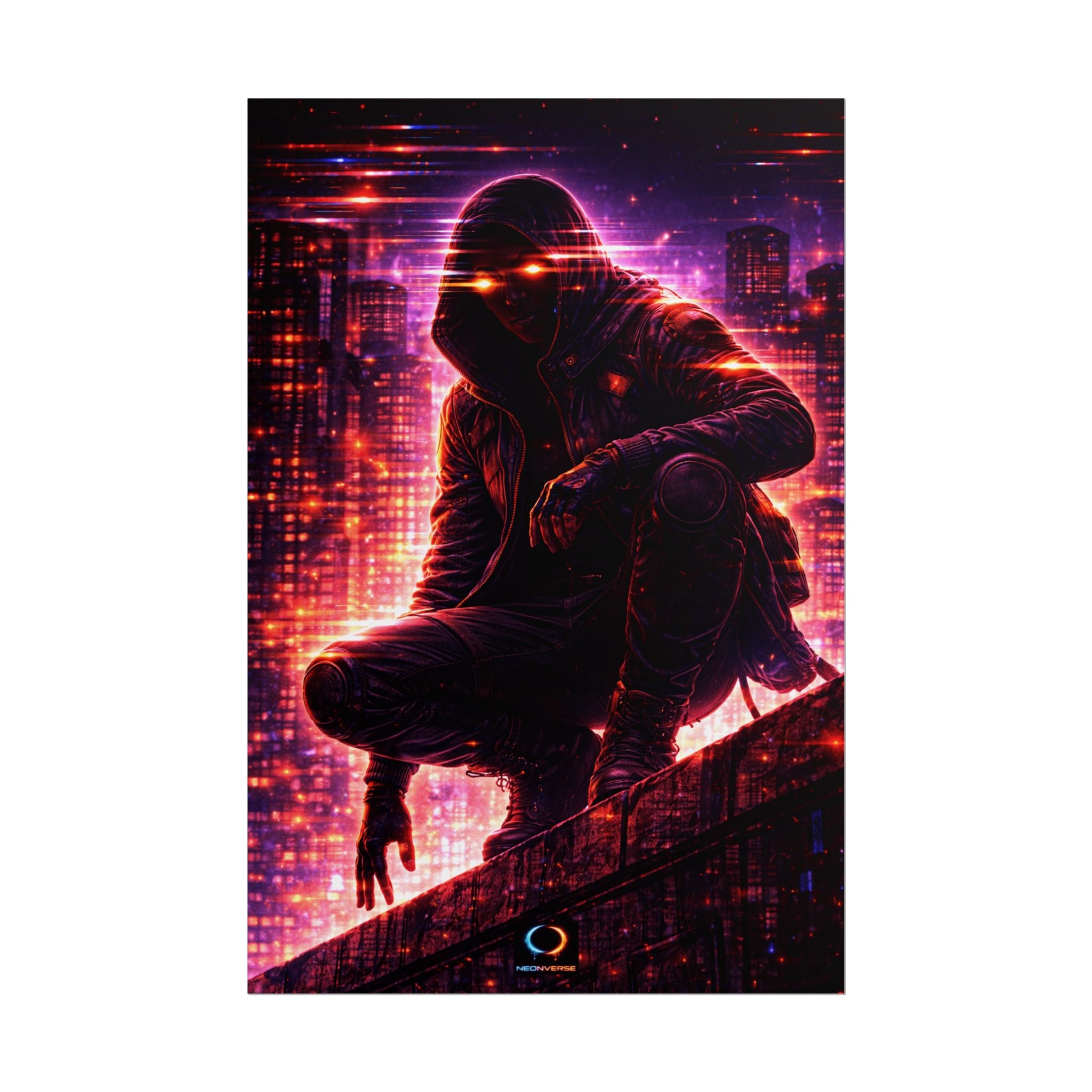 NeonVerse Cyberpunk Hooded Figure Poster — Neon City Rolled Art Print