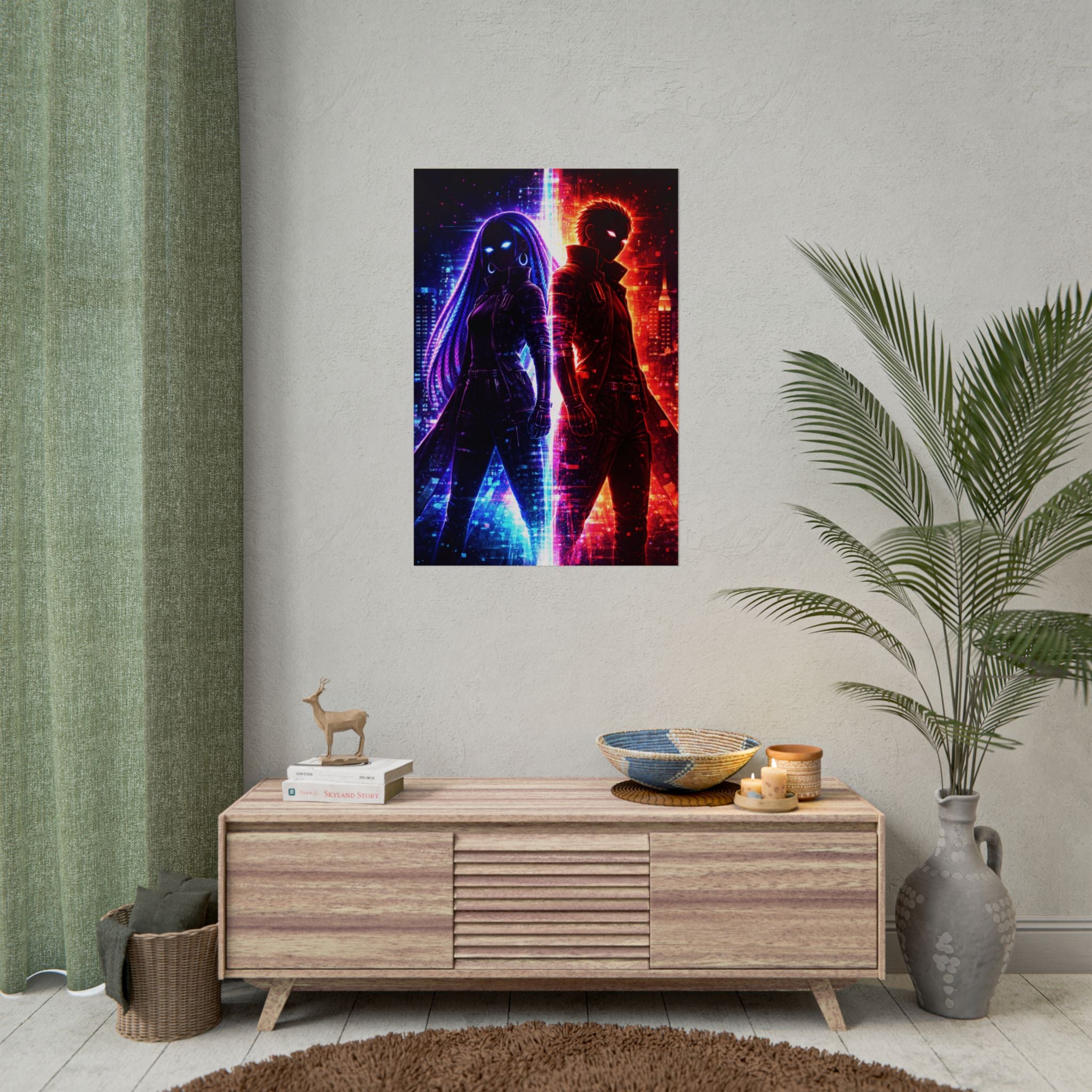 Cyberpunk Zaya and Kairo Shadow Rolled Poster — Neon cyberpunk City Wall Art