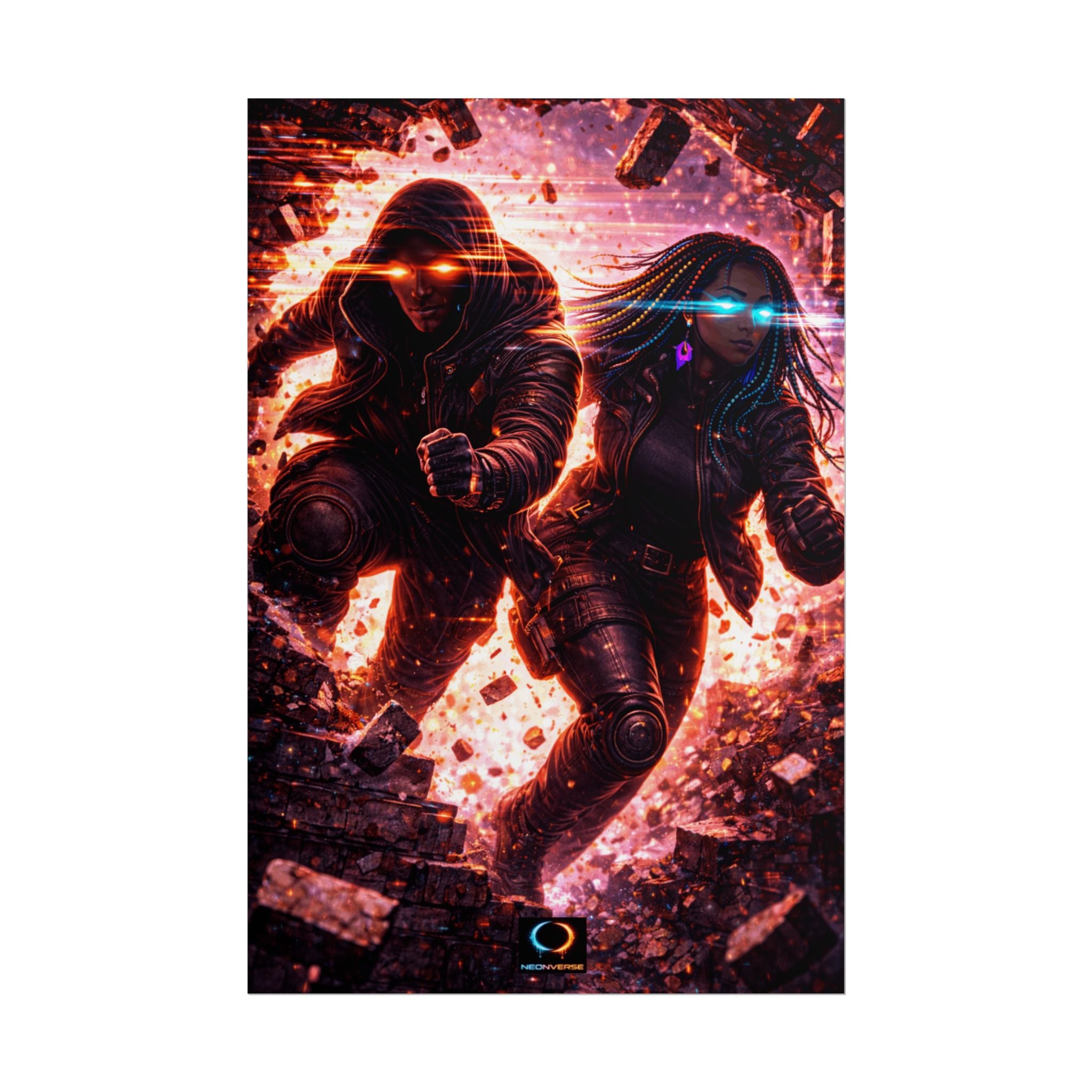 NeonVerse Cyberpunk Action Rolled Poster — Neon Hooded Wall Art