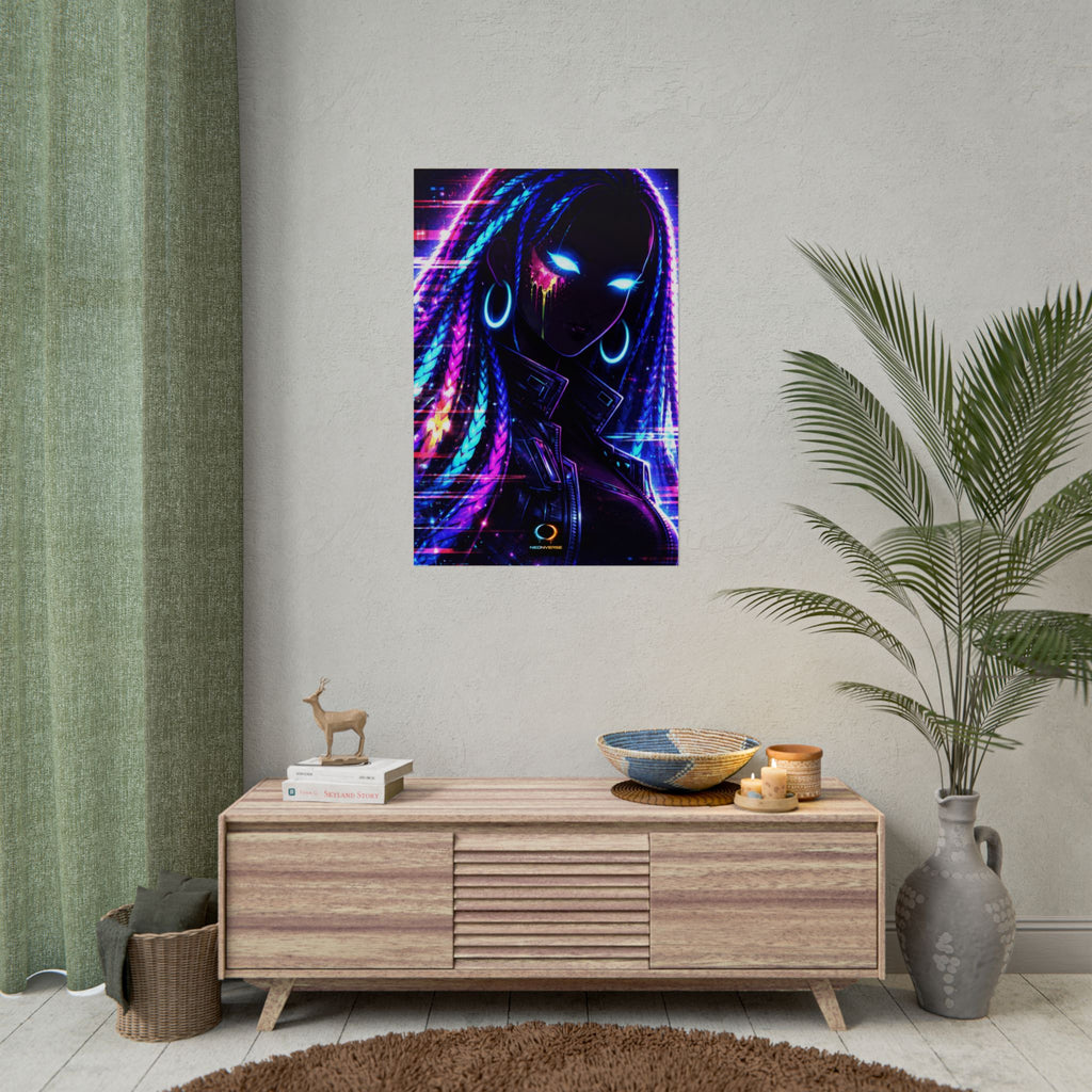Zaya NeonVerse Cyberpunk Poster — Glowing Braided Wall Art