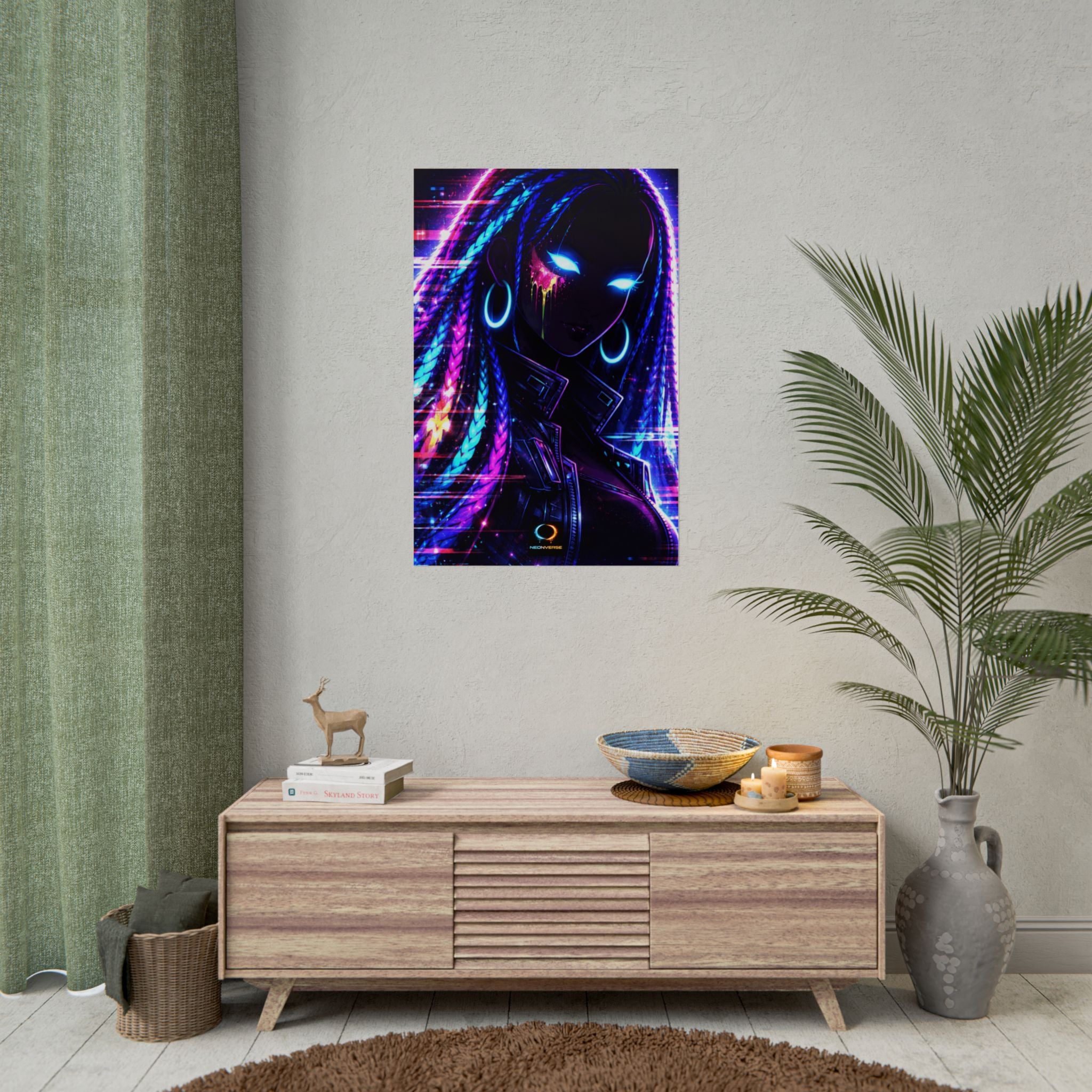 Zaya NeonVerse Cyberpunk Poster — Glowing Braided Wall Art