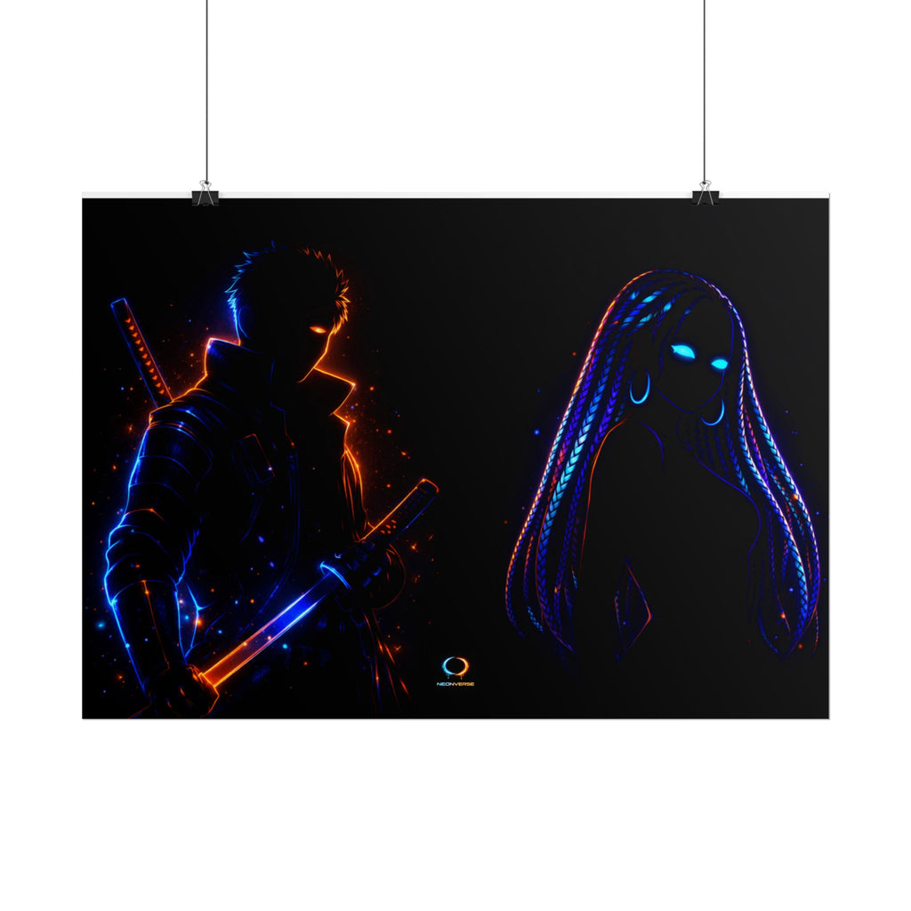 NeonVerse Samurai & Cyber Rolled Art Print - Zaya and Kairo