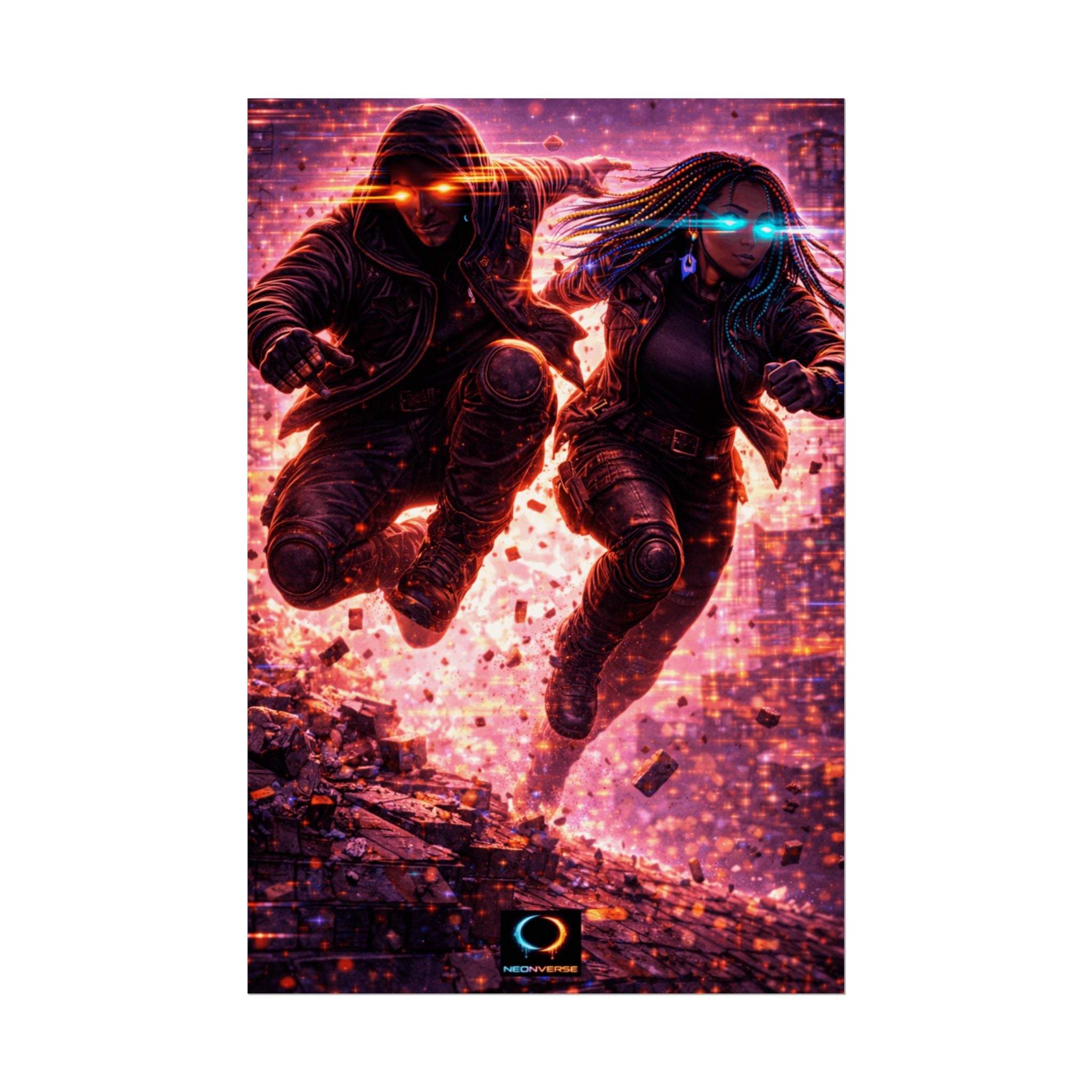 NeonVerse Cyberpunk Action Poster – Futuristic Neon Rolled Poster