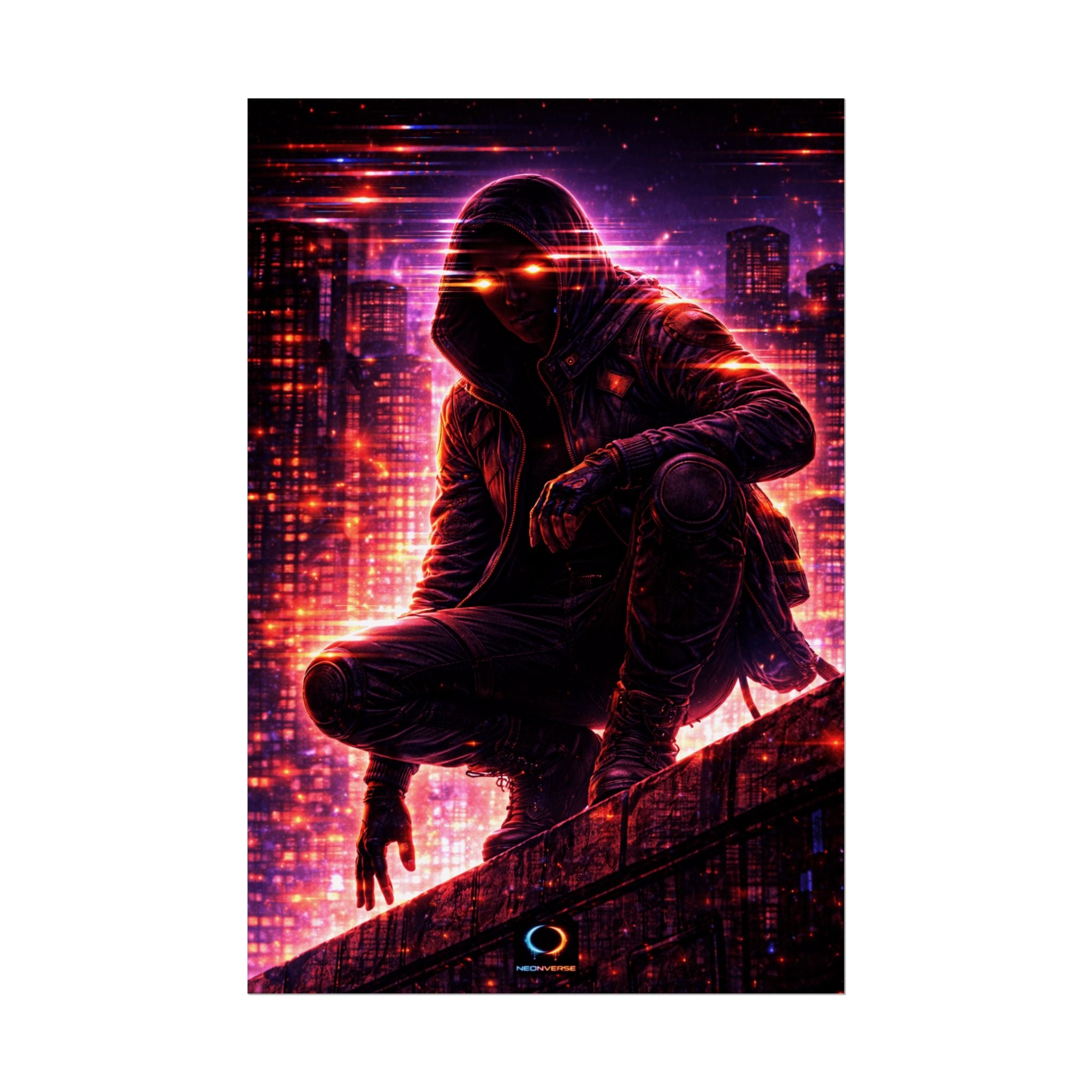 NeonVerse Cyberpunk Hooded Figure Poster — Neon City Rolled Art Print