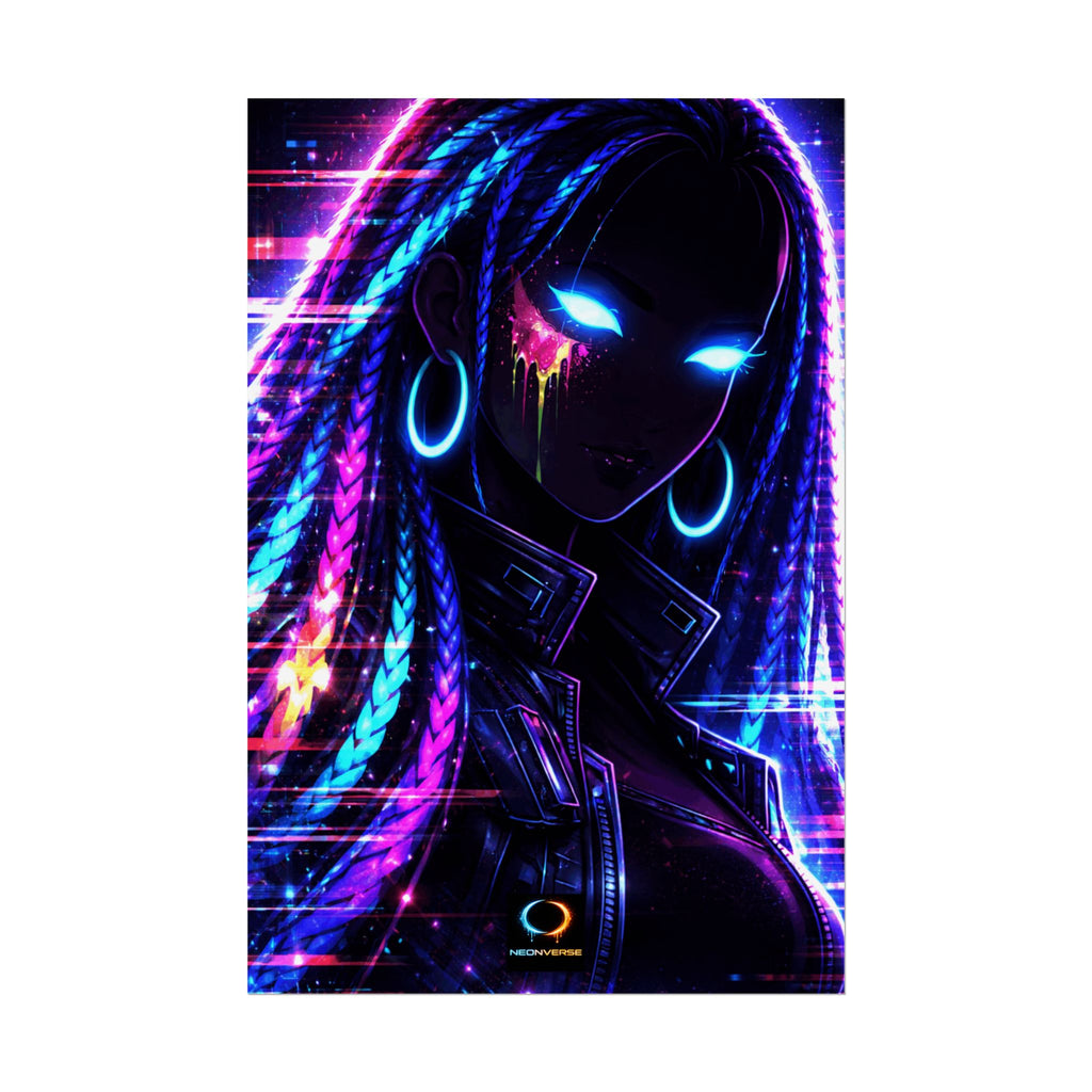 Zaya NeonVerse Cyberpunk Poster — Glowing Braided Wall Art