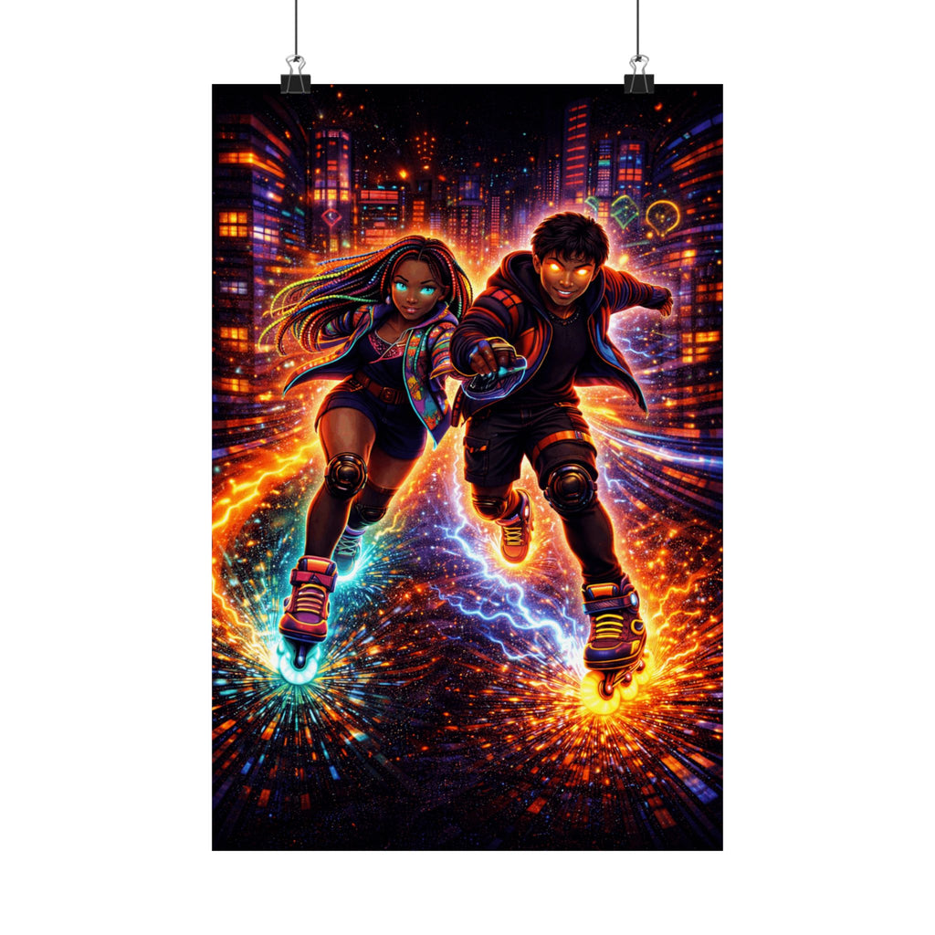 Neon Roller Runners — Zaya & Kairo Neon City Art | Anime-Inspired Matte Poster