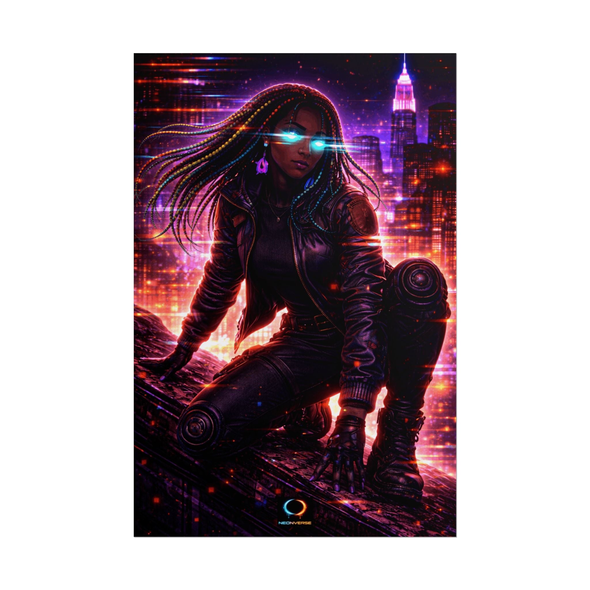 NeonVerse Cyberpunk City Poster — Neon Female Rolled Art Print
