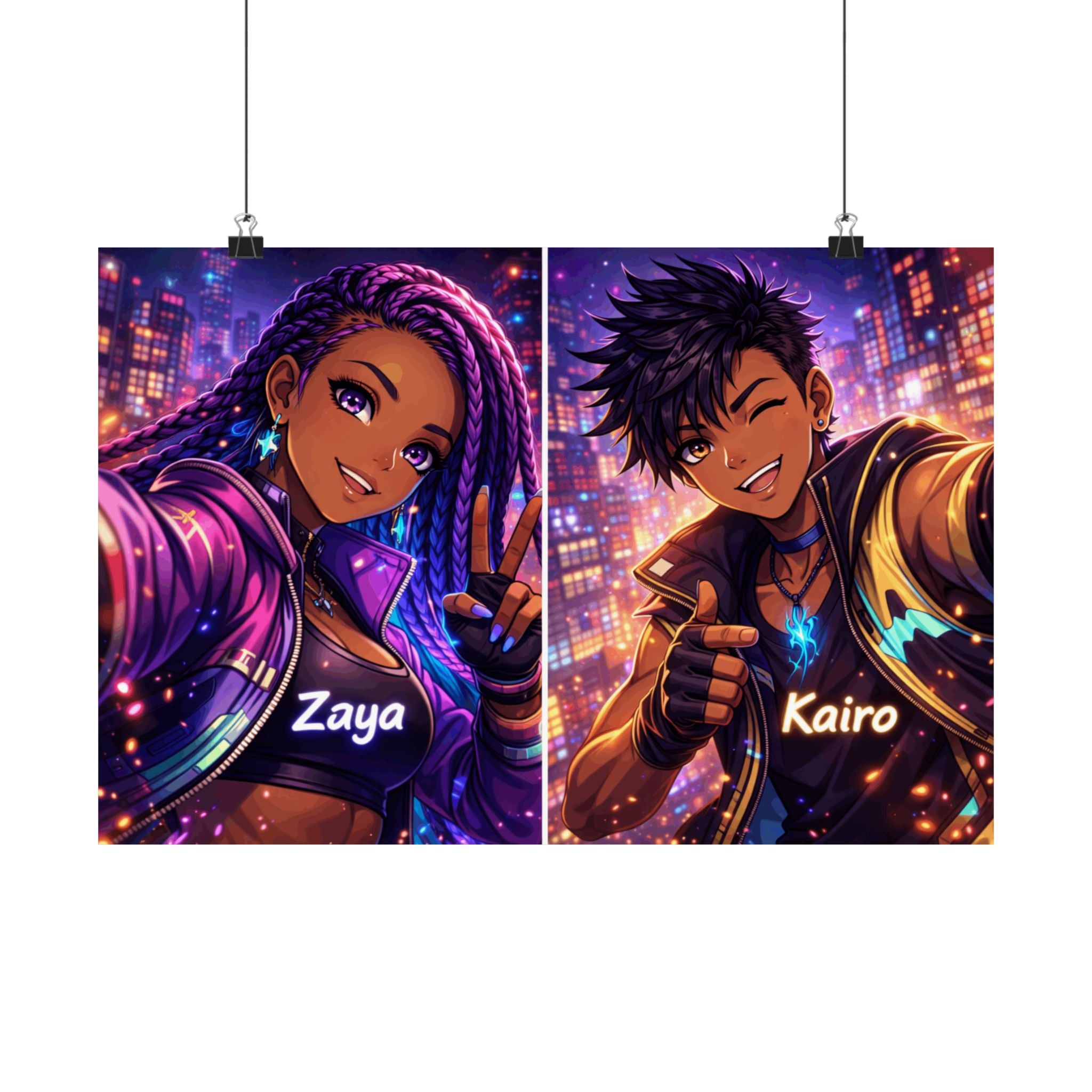 Zaya & Kairo Anime Couple Poster Set — Neon Cyber Fantasy City Art | Matte Prints