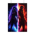 Cyberpunk Zaya and Kairo Shadow Rolled Poster — Neon cyberpunk City Wall Art