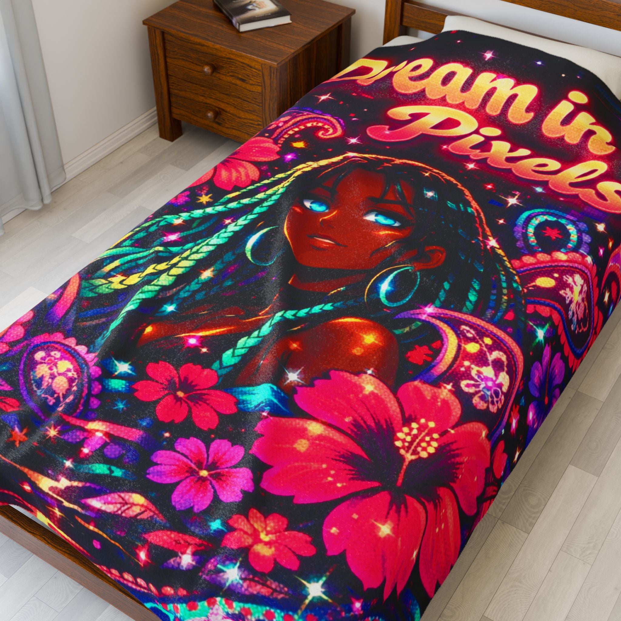 Dream in Pixels Velveteen Plush Blanket — NeonVerse Zaya Throw