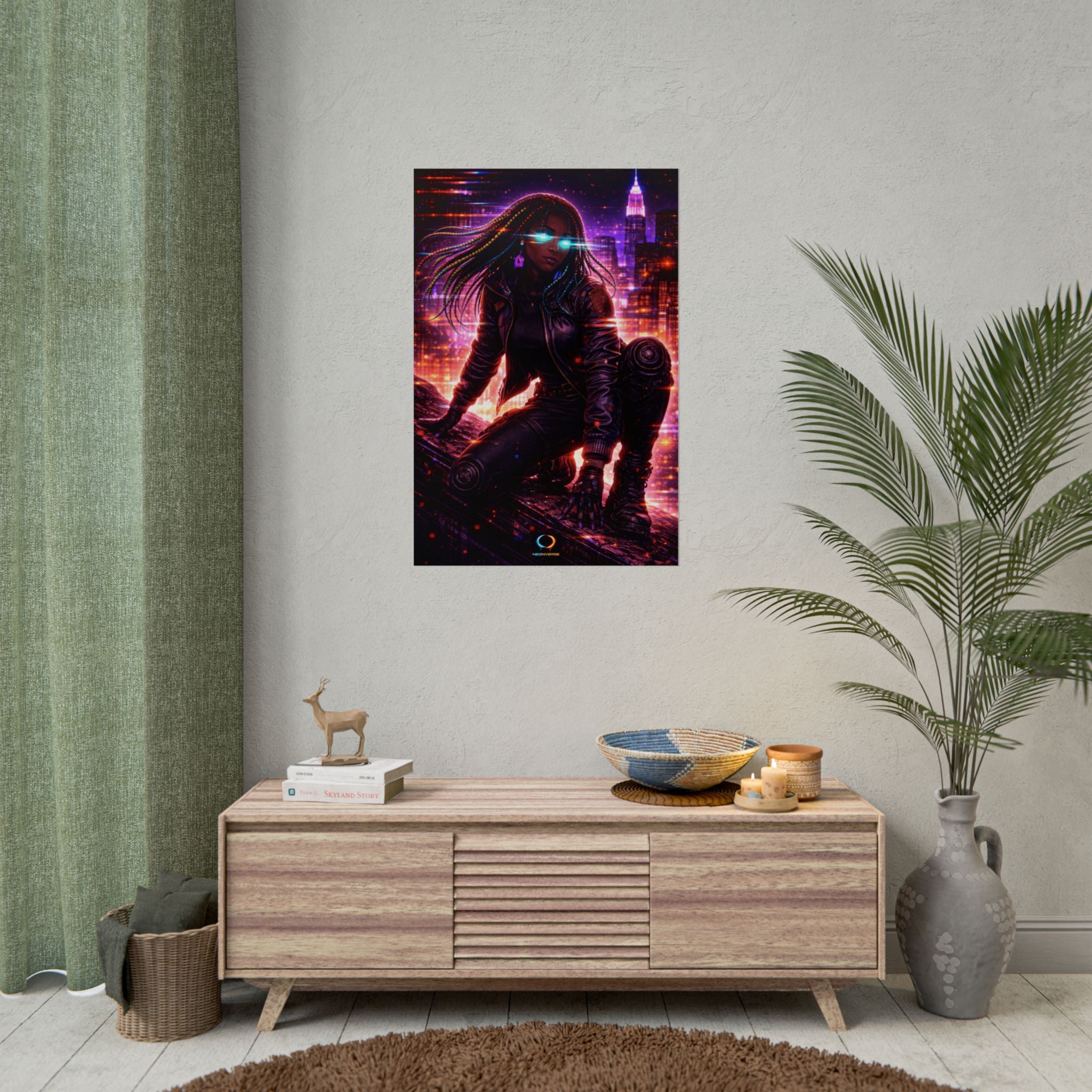 NeonVerse Cyberpunk City Poster — Neon Female Rolled Art Print