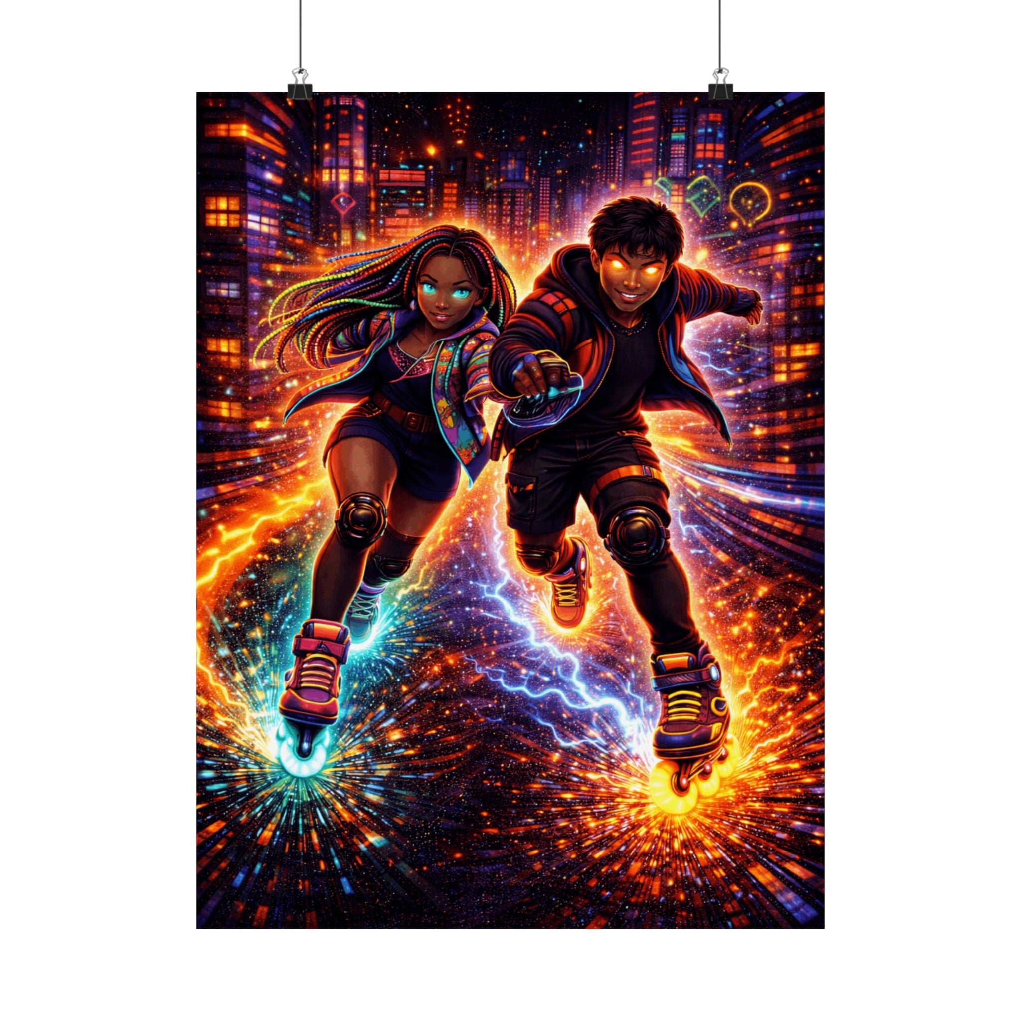 Neon Roller Runners — Zaya & Kairo Neon City Art | Anime-Inspired Matte Poster