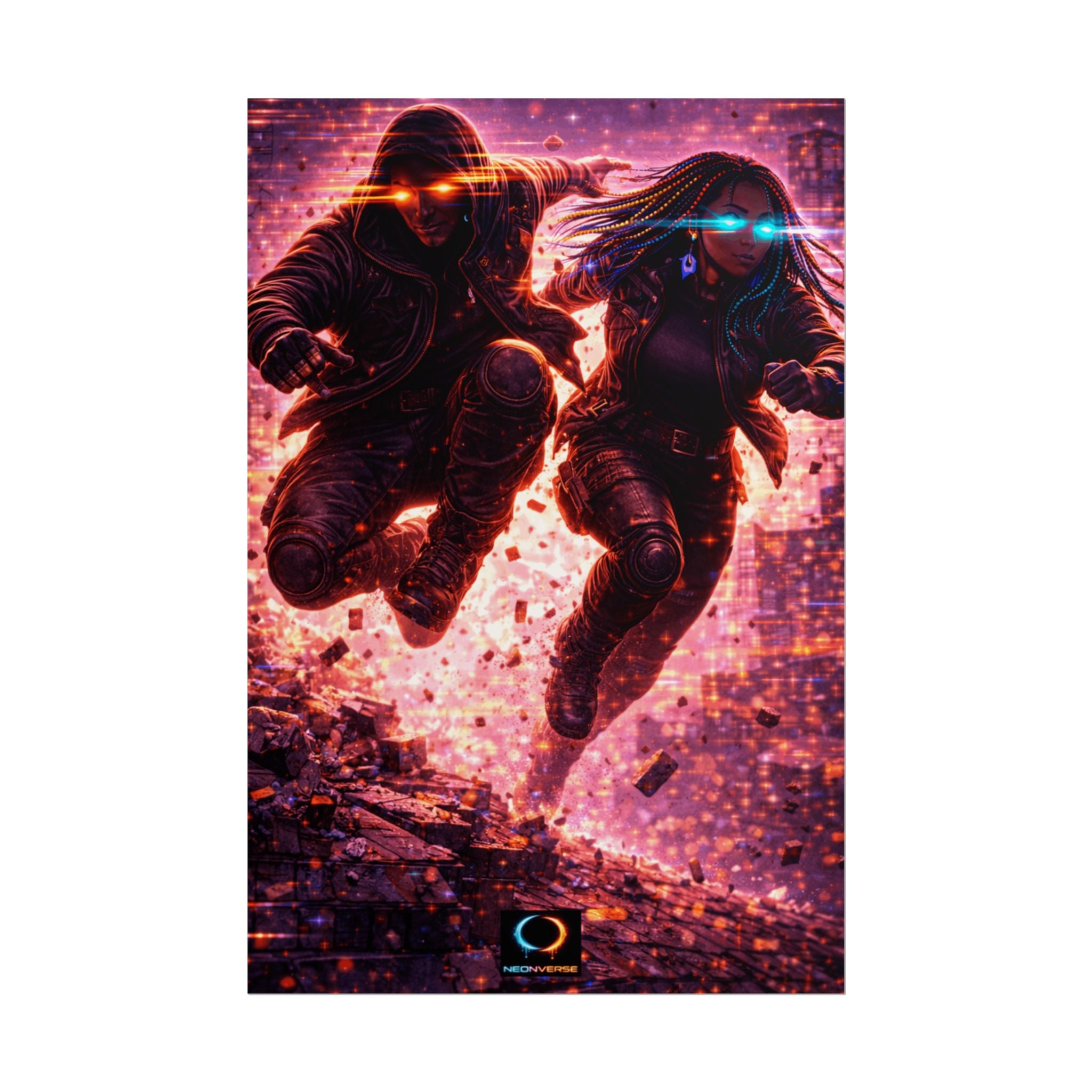 NeonVerse Cyberpunk Action Poster – Futuristic Neon Rolled Poster