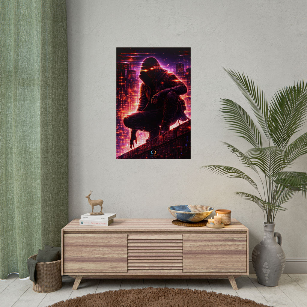 NeonVerse Cyberpunk Hooded Figure Poster — Neon City Rolled Art Print