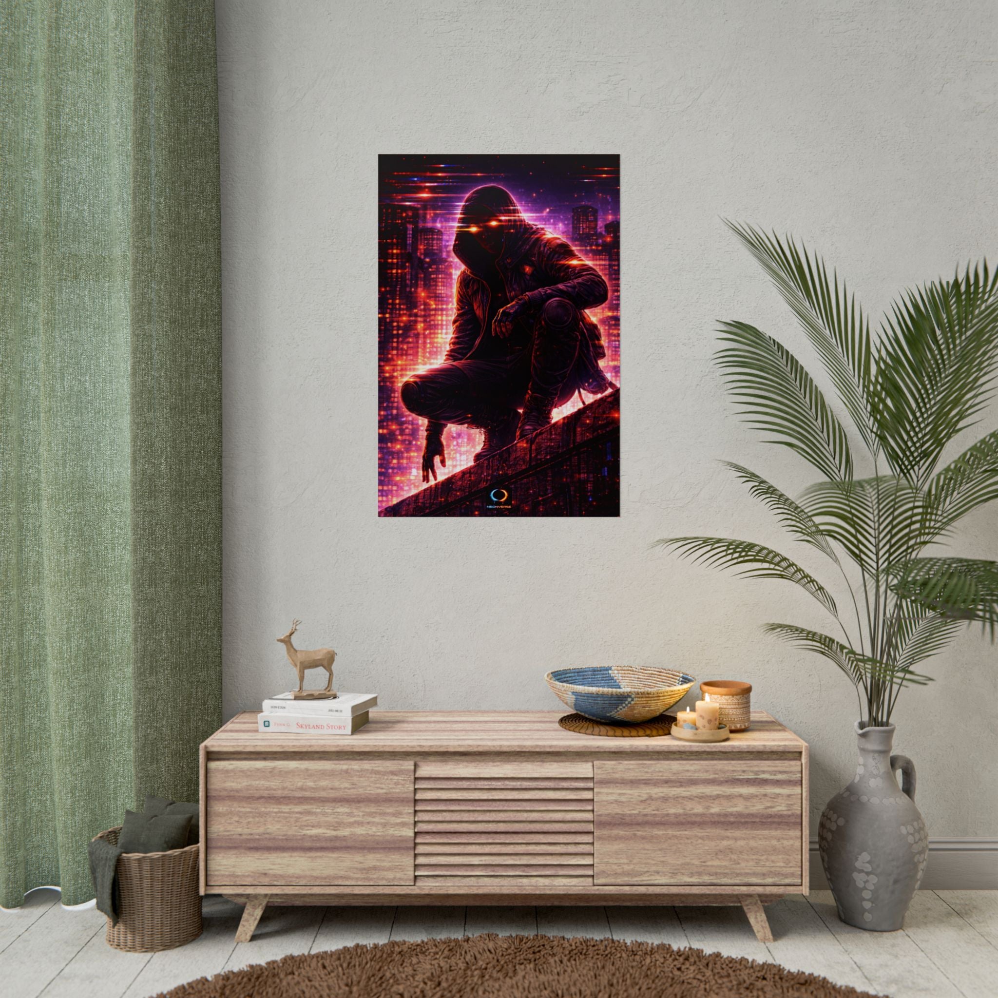 NeonVerse Cyberpunk Hooded Figure Poster — Neon City Rolled Art Print